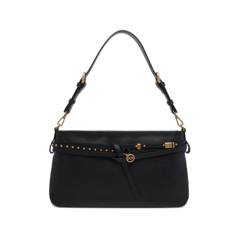 PINKO Chic Studded Leather Shoulder Bag with Signature Logo Hardware Women BLACK